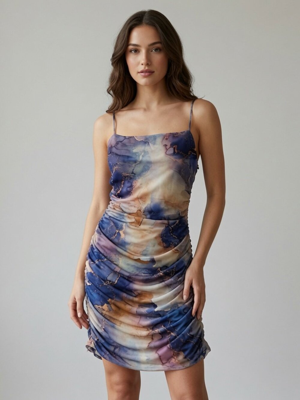 Windsor Colorful Essence Marble Print Ruched Mesh Mini Dress Size S
